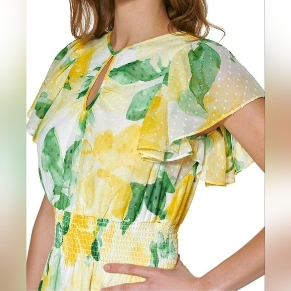 DKNY Flutter-Sleeve Clip-Dot Smock-Waist Dress Size 12 NWT - Picture 3 of 15